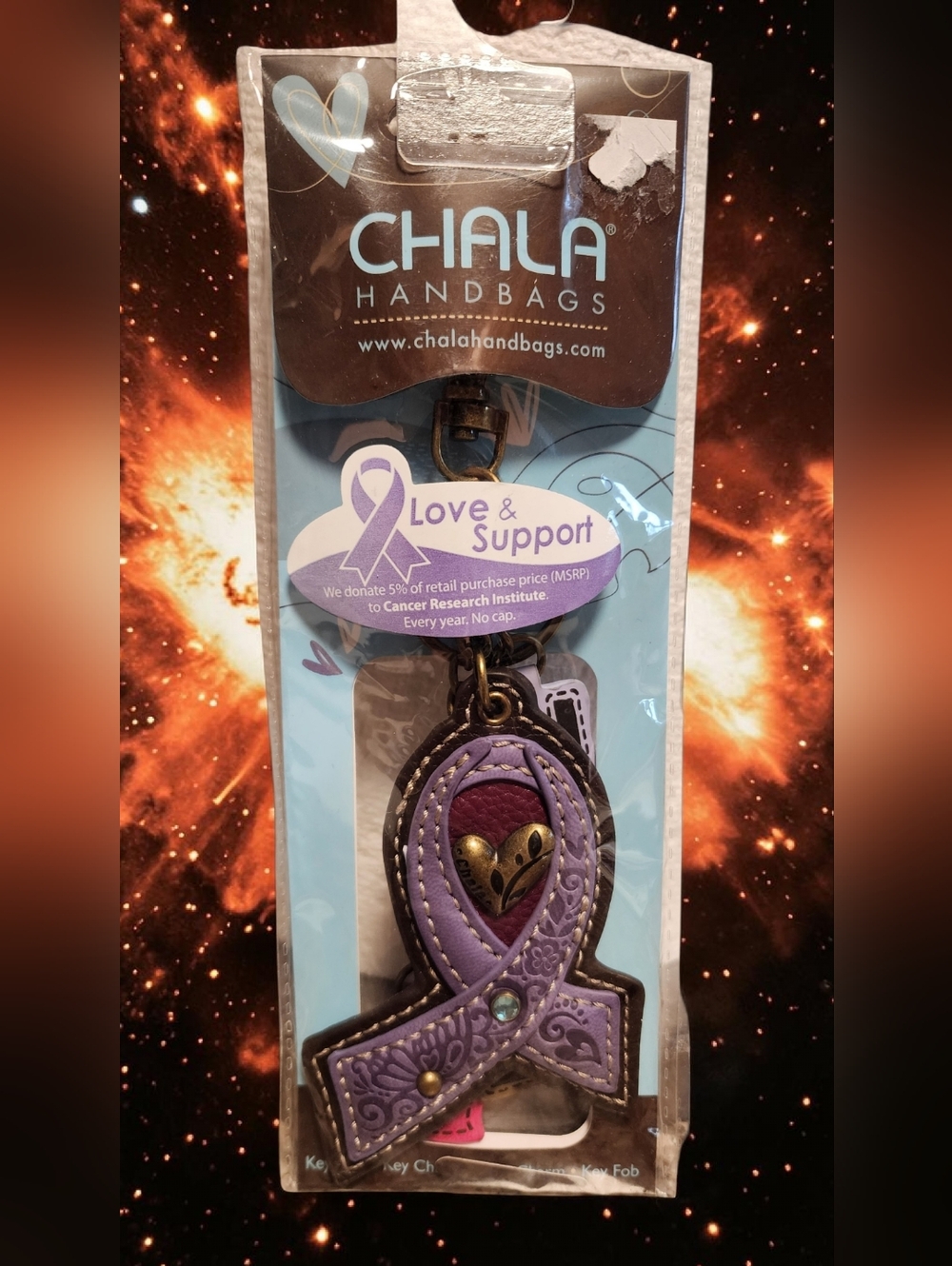 Chala Purple Ribbon Love & Support Key Fob with Gold Heart Accent